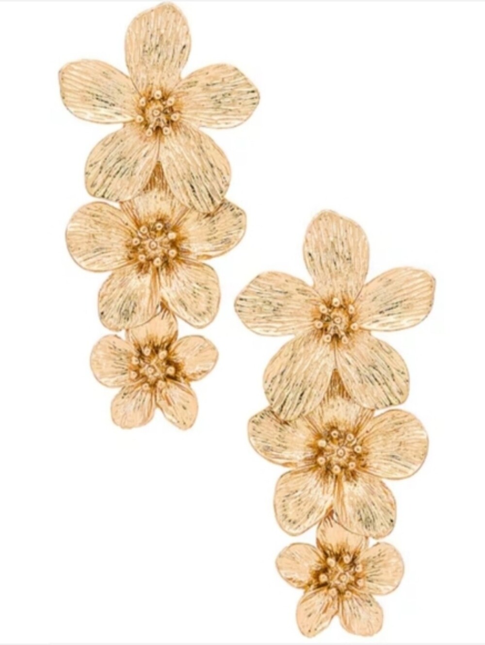 Big Gold Triple Flowers Earrings 3D Trio Large Floral Statement 3 Flower Shaped